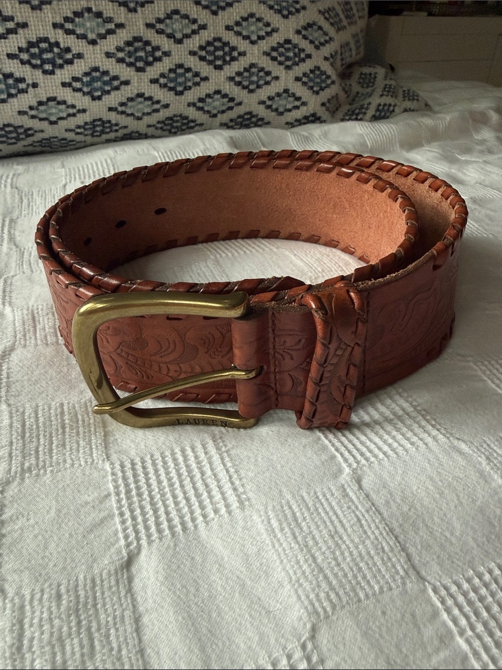 Lauren Ralph Lauren Western Brown Embossed Leather Belt Size Large